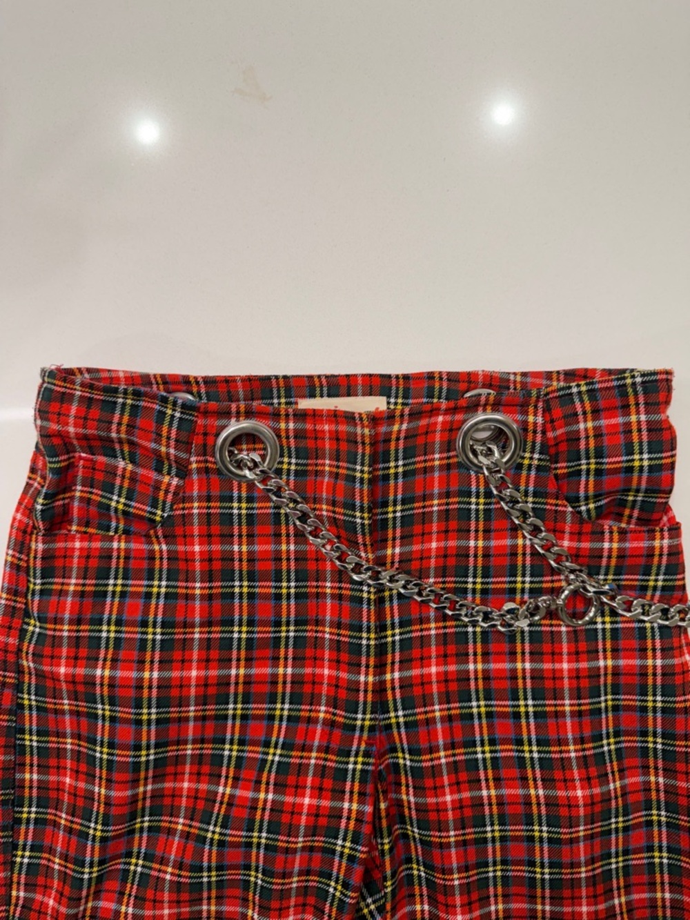 Miaou Morgan Red Tartan Plaid High Rise Cropped Flare Pant W Chain Belt Size 25 - Picture 2 of 9
